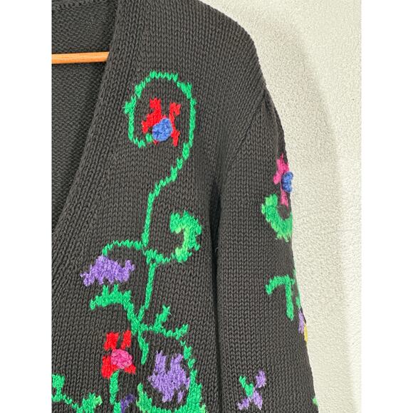 VTG Hand Knit Cardigan Sweater M Black Color Embroidered Floral Dark Coquette - Picture 3 of 12